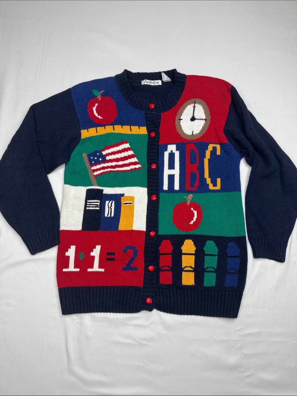Vintage School Graphic Cardigan Sweater - Navy Alison Craig Large L knitted